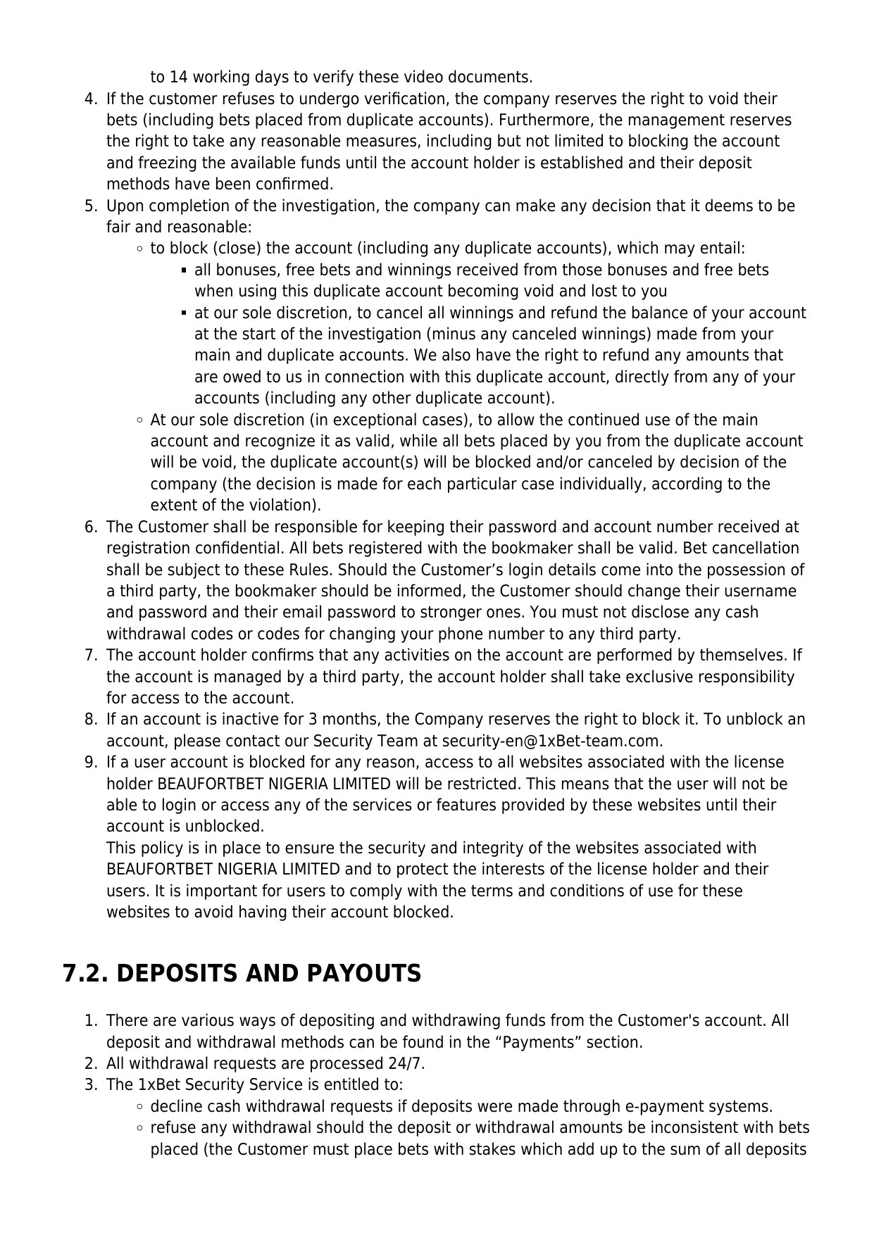 Page 26 of the official 1XBET.NG rules PDF retrieved on 13 August 2026, preserving the Beaufortbet company spelling and withdrawal provisions.