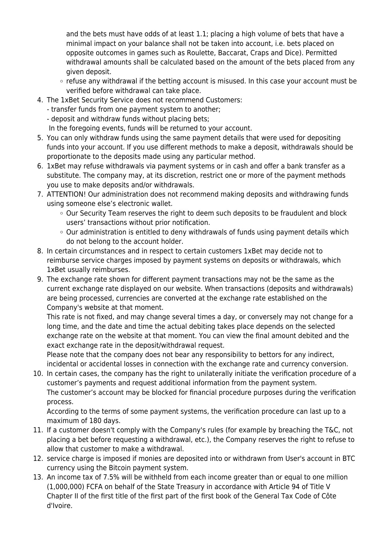 Page 27 of the official 1XBET.NG rules PDF retrieved on 13 August 2026, showing same-owner payment controls and mixed-market text; the Côte d’Ivoire figure is explicitly not applied to Nigeria.