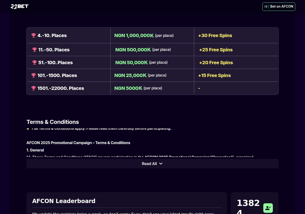 22bet AFCON campaign terms captured on 13 August 2026, showing Nigeria and NGN context without proving the Arcadia domain link.