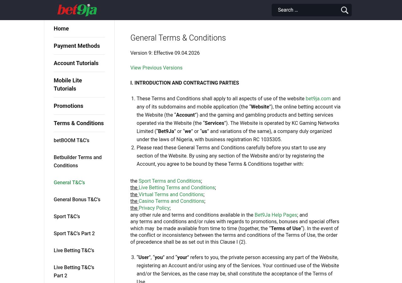 Bet9ja general terms captured on 13 August 2026, showing the operator-published identity section.