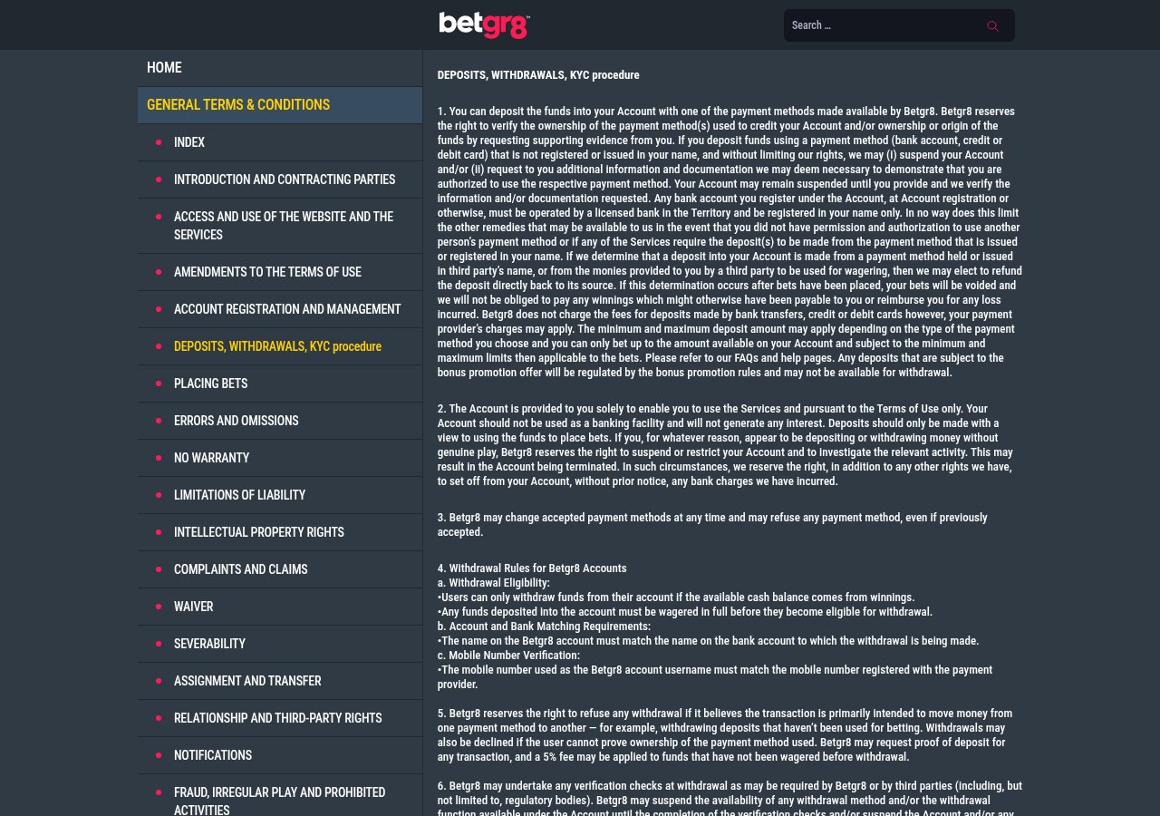 Betgr8 deposit, withdrawal and KYC page captured on 13 August 2026 around the published withdrawal rules.