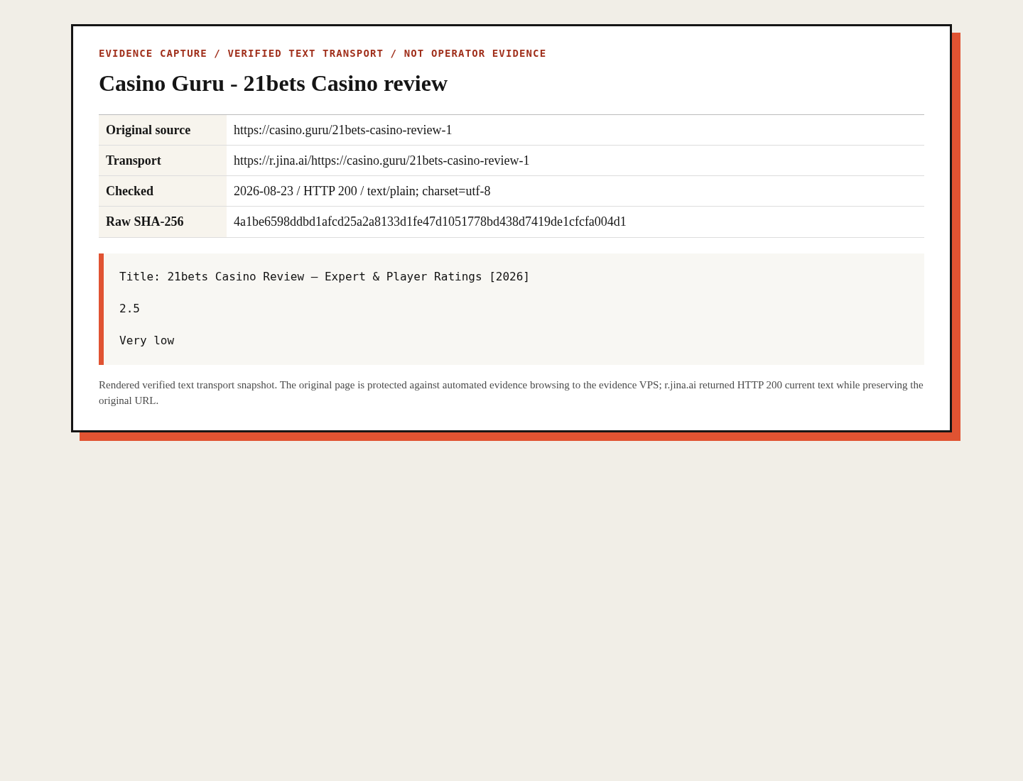 Dated evidence capture from casino.guru