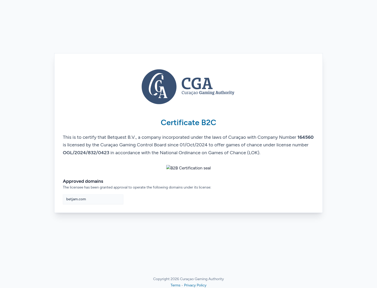 Dated evidence capture from cert.cga.cw
