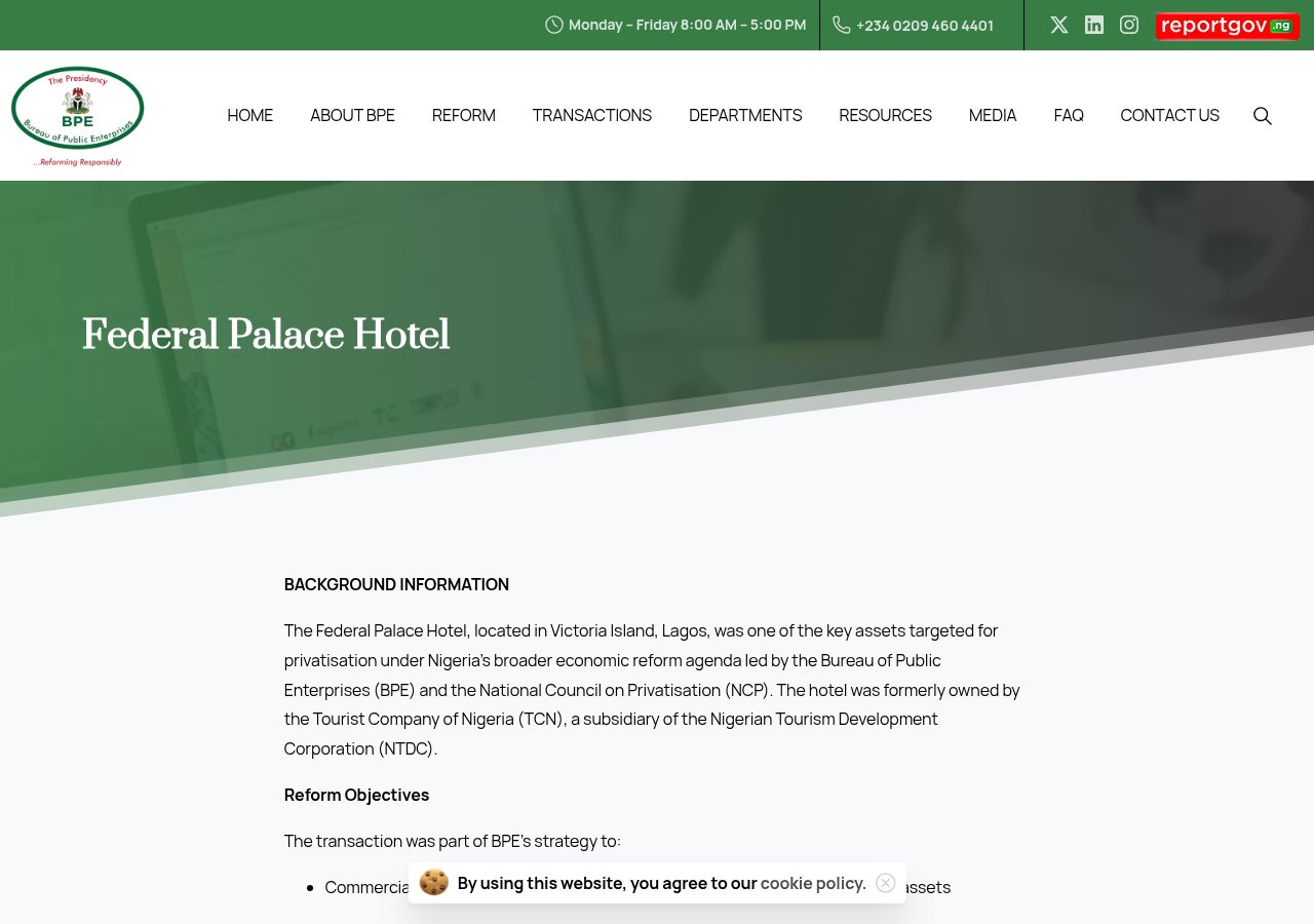 Bureau of Public Enterprises Federal Palace record captured on 13 August 2026.