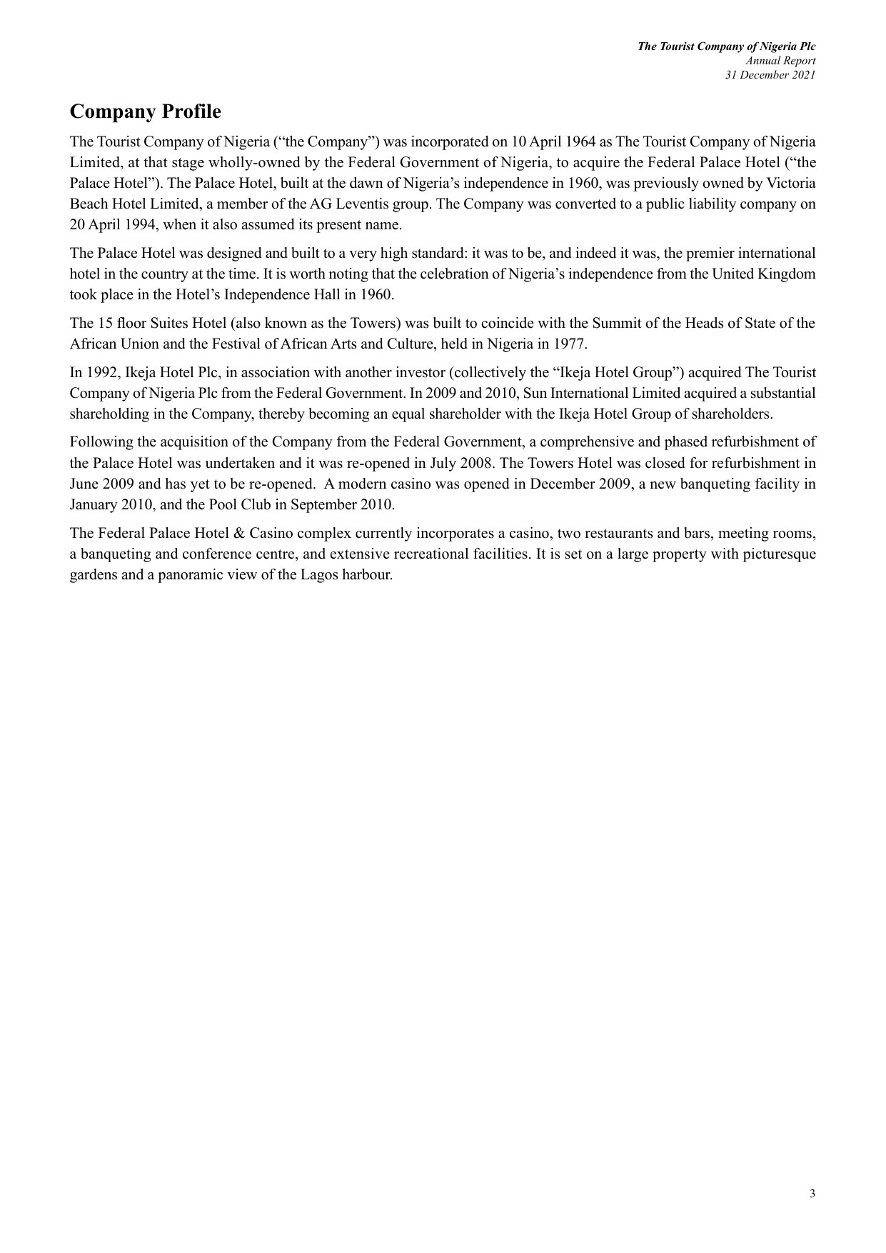 Page 5 of The Tourist Company of Nigeria Plc’s official 2021 annual report, retrieved on 13 August 2026, documenting the Federal Palace Hotel & Casino complex.