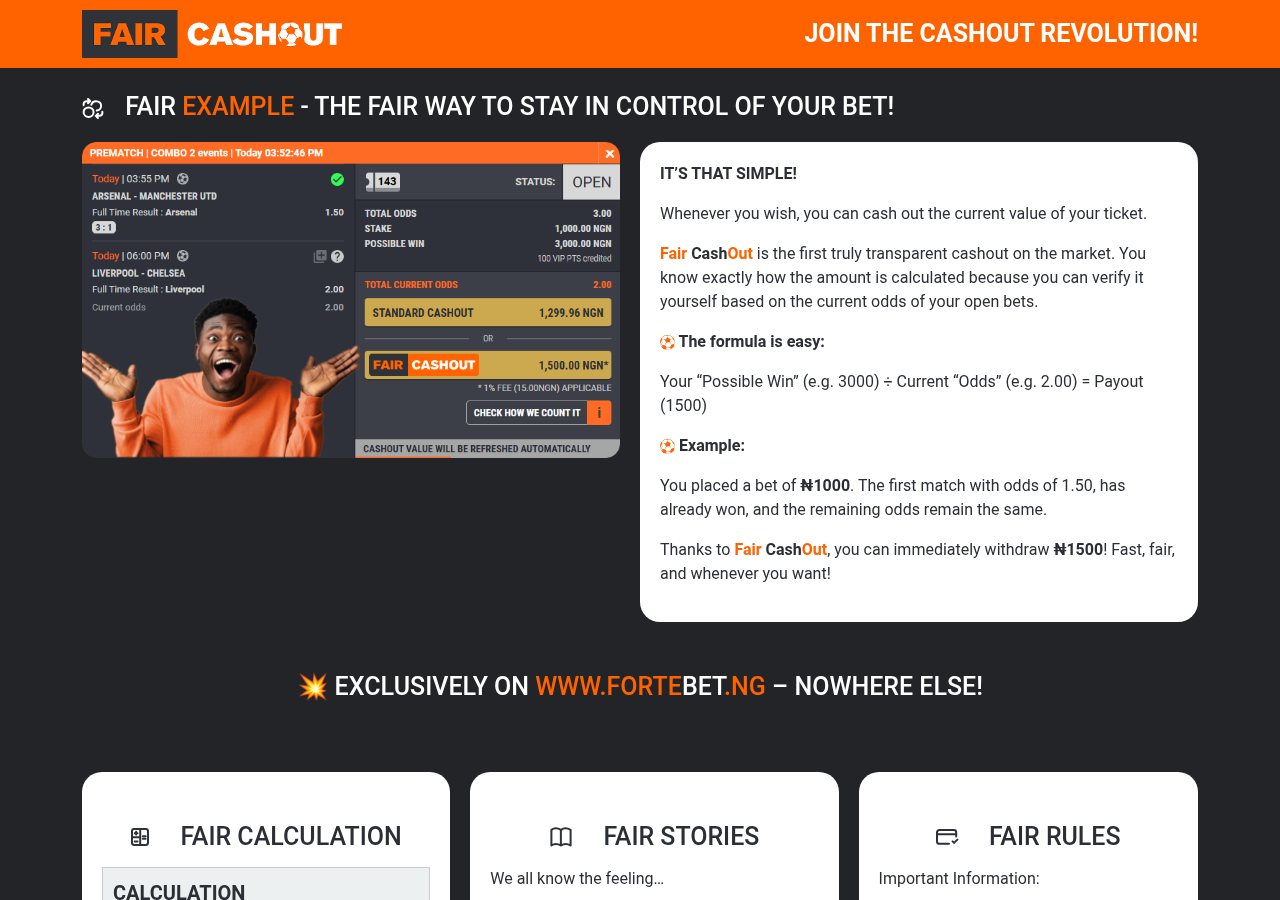 Fortebet Fair Cash Out explanation captured on 13 August 2026, used only to explain the operator’s stated feature.