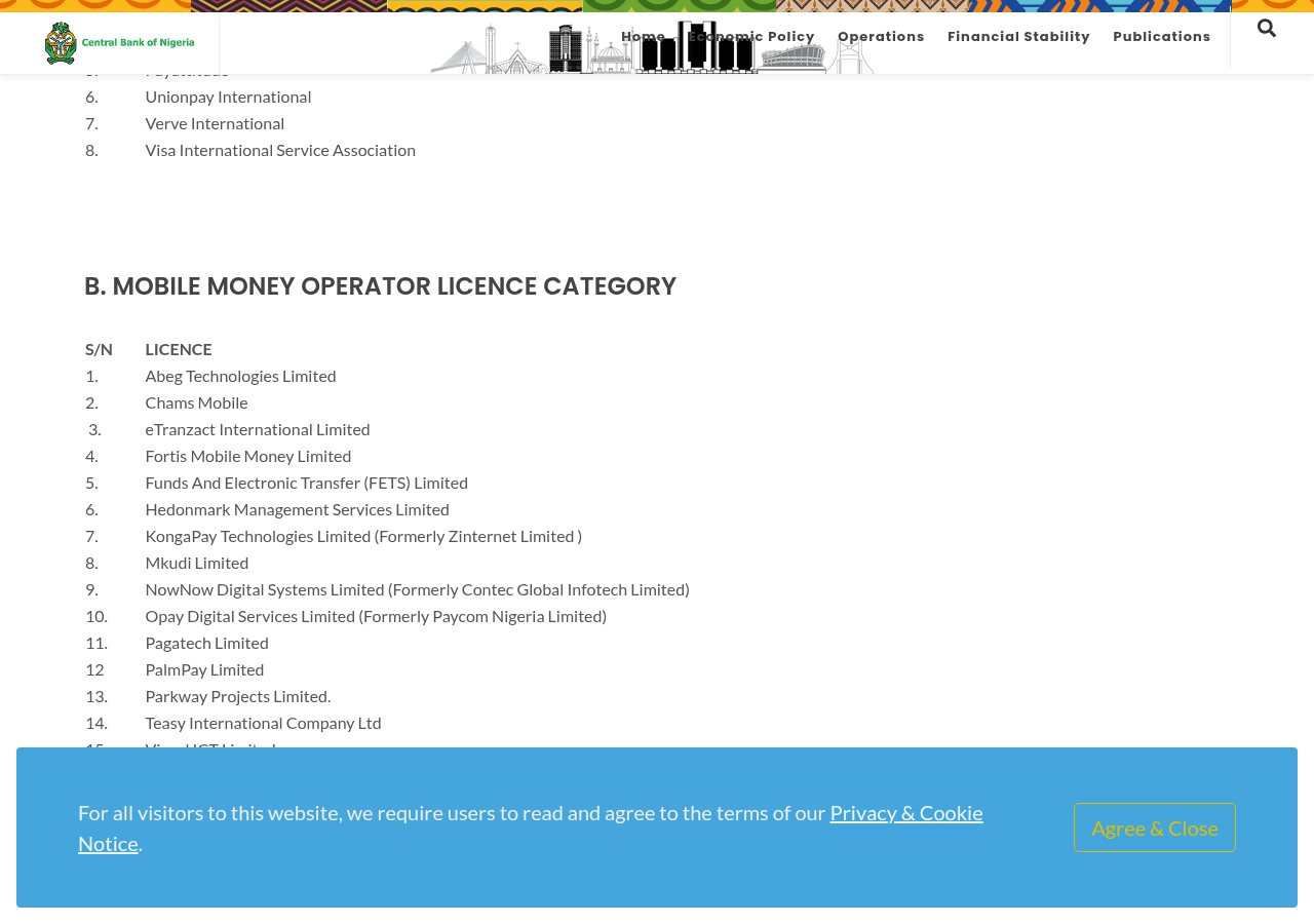 CBN Payment Service Providers page captured on 13 August 2026 around the OPay mobile-money entry.