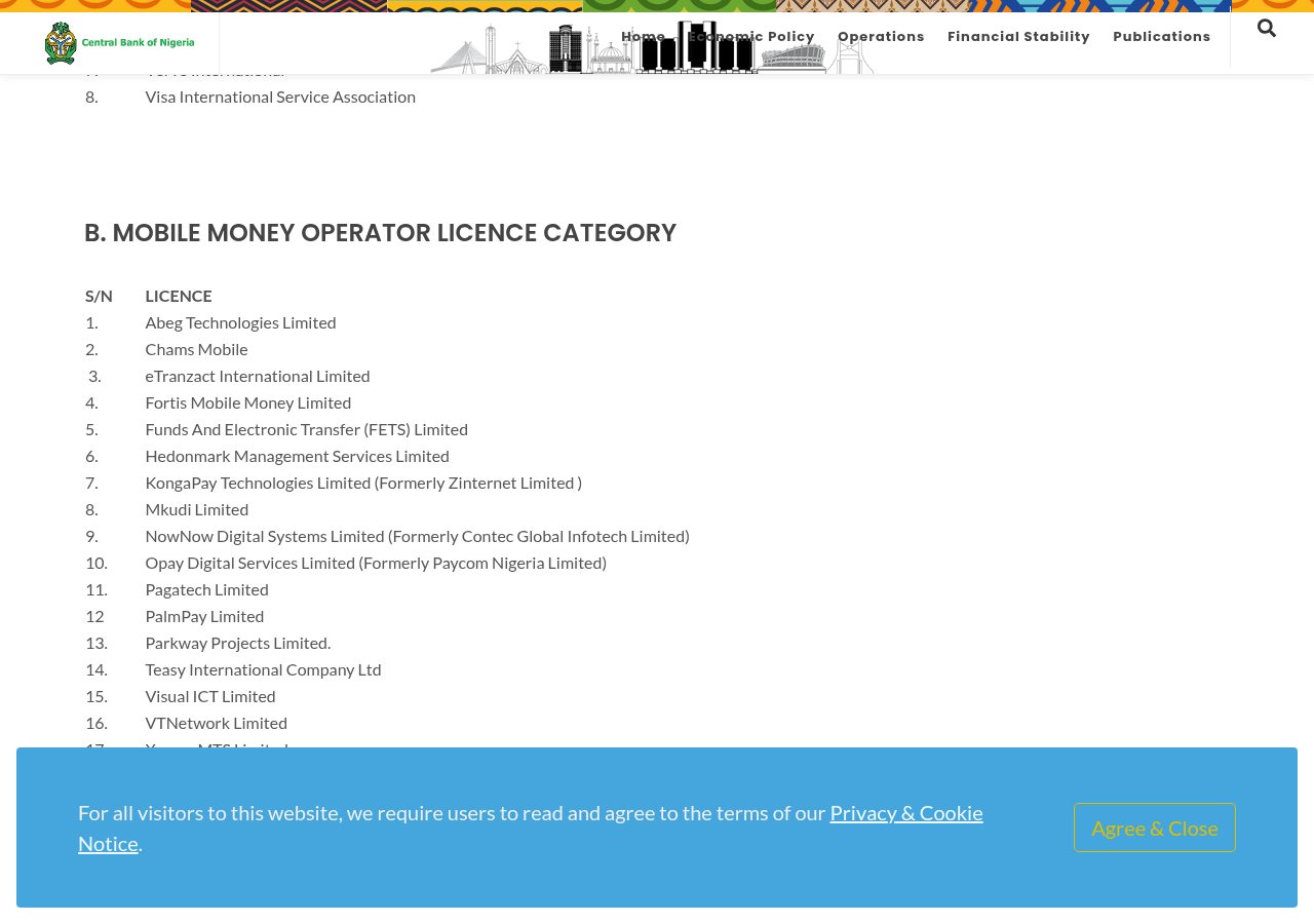 CBN Payment Service Providers page captured on 13 August 2026 around the PalmPay entry.