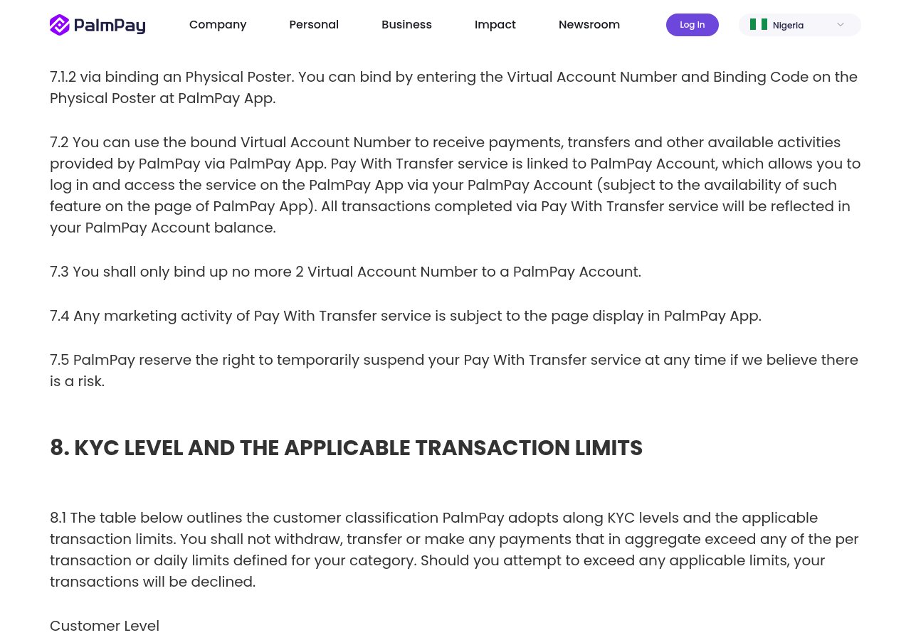 PalmPay terms captured on 13 August 2026 around the published KYC table; the table itself is dated 2022.