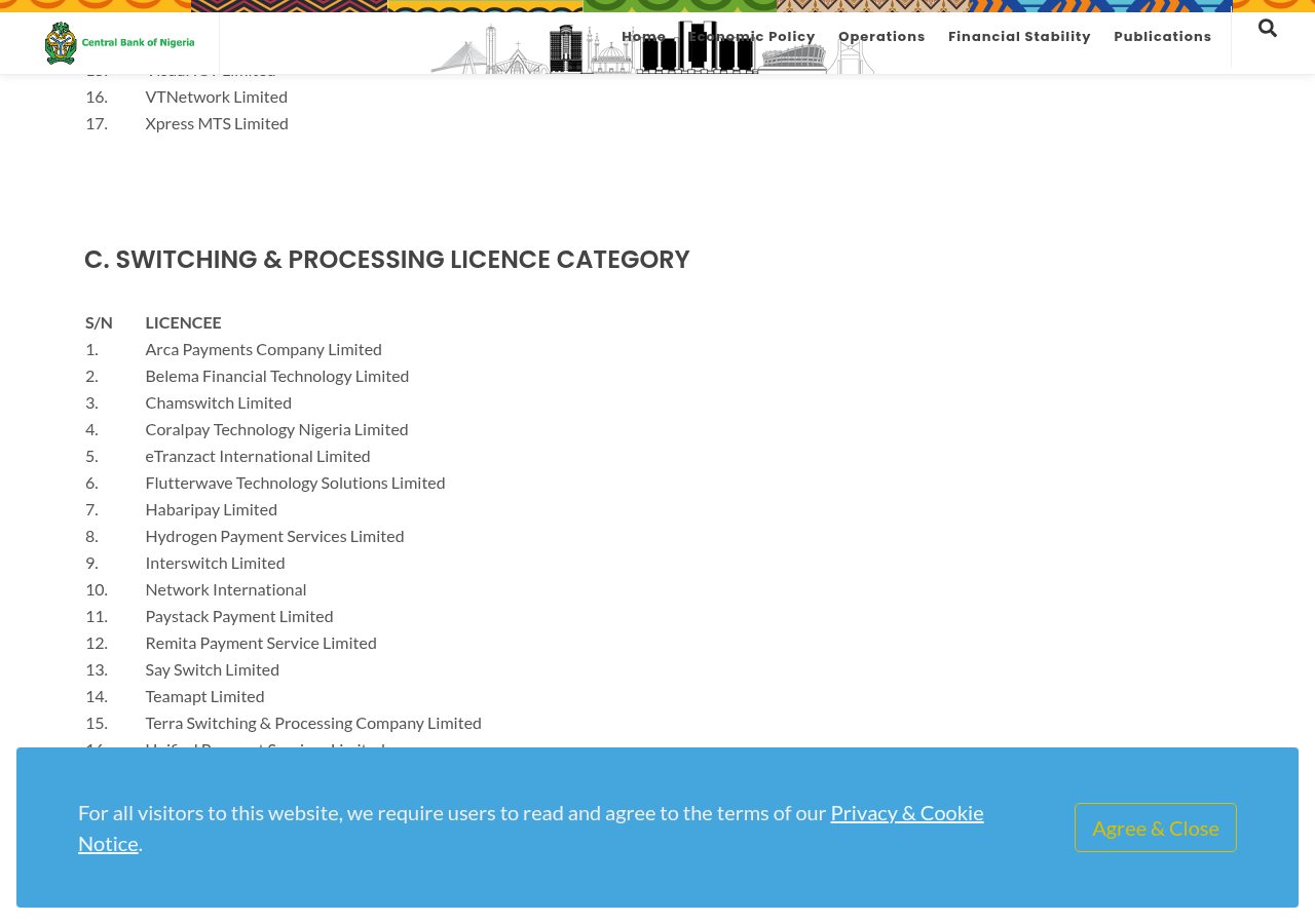 CBN Payment Service Providers page captured on 13 August 2026 around the Paystack switching entry.