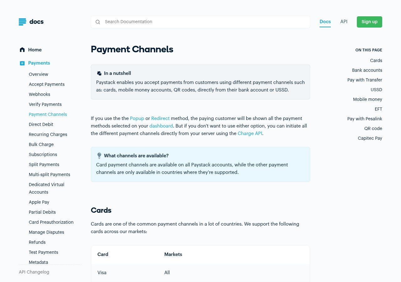 Paystack payment-channel documentation captured on 13 August 2026; it documents the rail, not a casino approval.