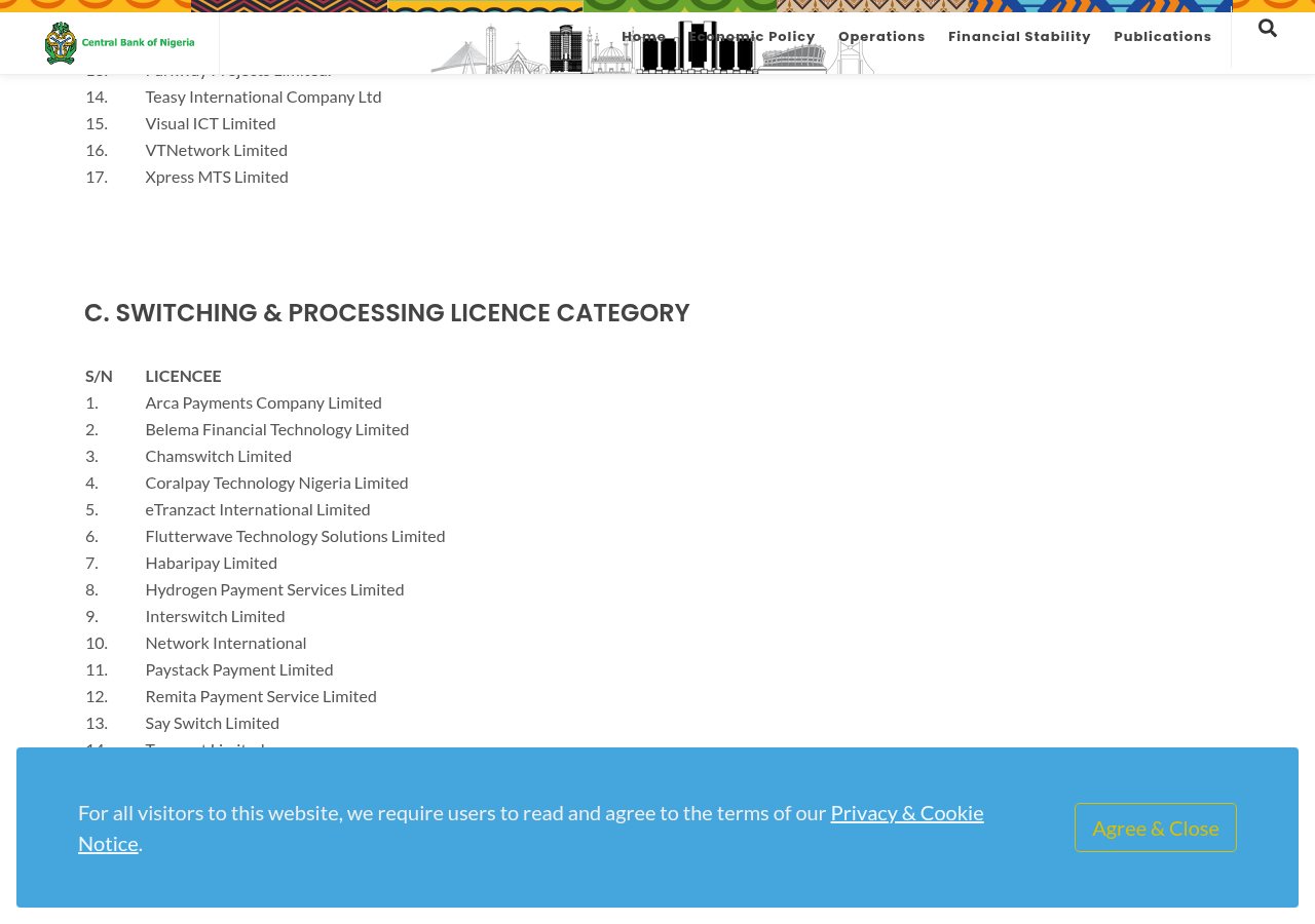 CBN Payment Service Providers page captured on 13 August 2026 around the Interswitch switching entry.
