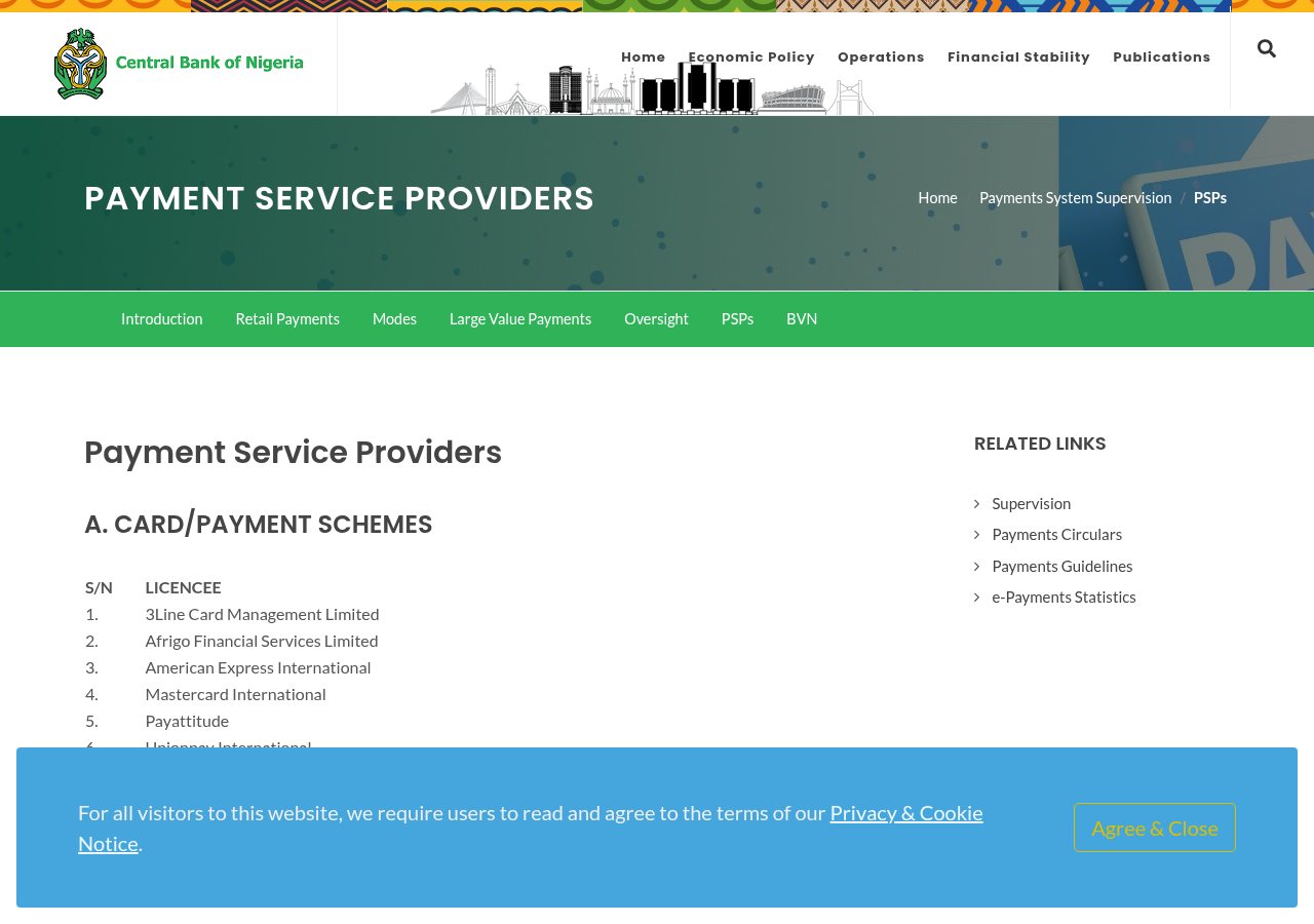 CBN Payment Service Providers page captured on 13 August 2026 around the Verve International card-scheme entry.